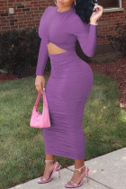 Светло-фиолетовые модные повседневные однотонные платья с круглым вырезом и юбкой в ​​один шаг