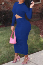 ロイヤル ブルー ファッション カジュアル ソリッド フォールド O ネック ワンステップ スカート ドレス