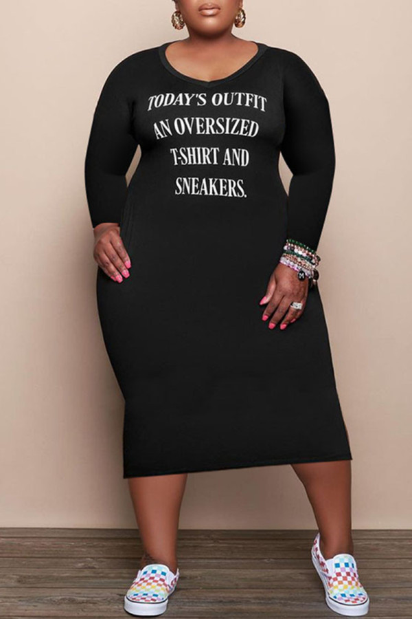 ブラックファッションカジュアルレタープリントベーシックVネック長袖プラスサイズのドレス