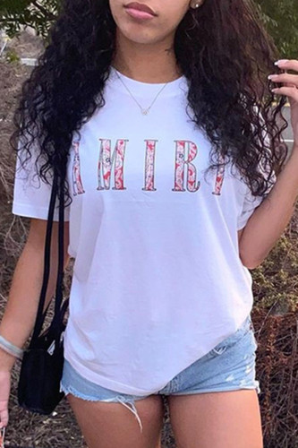White Fashion Casual Letter Print Basic O Neck T-Shirts