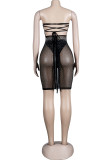 Black Sexy Hot Drilling Bandage See-through Backless Spaghetti Strap Sleeveless Dress