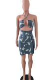 Light Blue Sexy Print Hollowed Out Patchwork Backless Asymmetrical Halter A Line Dresses