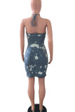 Lichtblauwe sexy print uitgeholde patchwork rugloze asymmetrische halter-a-lijn jurken