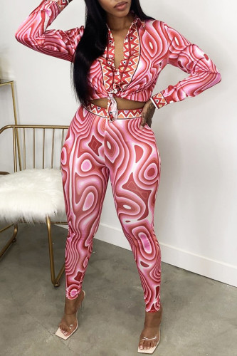 Red Fashion Casual Print Basic Turndown Collar Long Sleeve Two Pieces