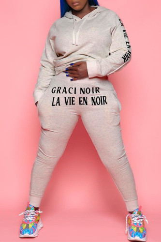 Grey Casual Letter Print Hooded Collar Long Sleeve Sweatshirt And Skinny Pants Two Pieces Jogger Set