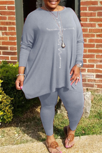 Grey Casual Solid Patchwork Hot Drill O Neck Plus Size Two Pieces