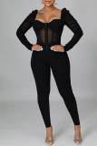 Black Sexy Solid Patchwork See-through Square Collar Regular Jumpsuits