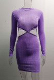 Purple Sexy Solid Hollowed Out Patchwork Backless Asymmetrical O Neck Pencil Skirt Dresses