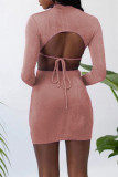 Pink Sexy Solid Hollowed Out Patchwork Backless Asymmetrical O Neck Pencil Skirt Dresses