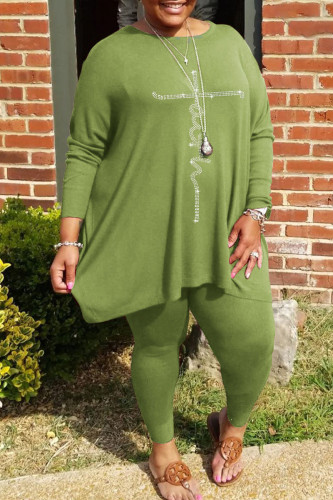 Green Casual Solid Patchwork Hot Drill O Neck Plus Size Two Pieces