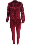 Purplish Red Casual Solid Patchwork Hooded Collar Long Sleeve Two Pieces