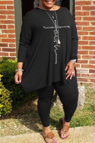 Black Casual Solid Patchwork Hot Drill O Neck Plus Size Two Pieces
