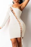 Black Fashion Sexy Solid Bandage Hollowed Out Oblique Collar Long Sleeve Dresses