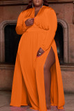 Mandarinenrotes, lässiges, solides Patchwork-Kleid mit V-Ausschnitt und geradem Schnitt in Übergröße