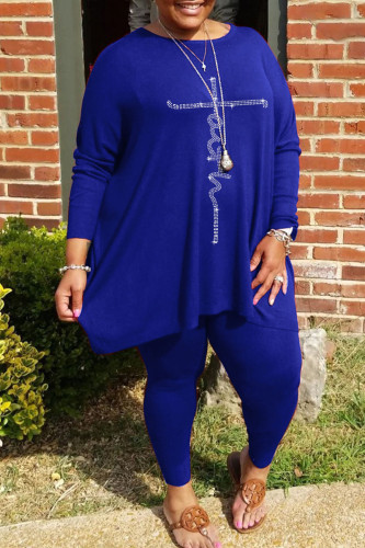 Blue Casual Solid Patchwork Hot Drill O Neck Plus Size Two Pieces