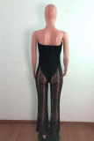 Black Fashion Sexy Patchwork See-through Backless Strapless Regular Jumpsuits