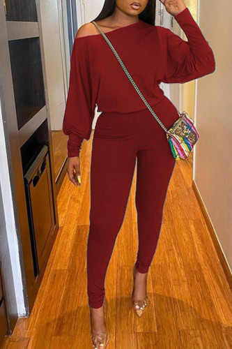 Brown Red Casual Solid Patchwork O Neck Long Sleeve Two Pieces
