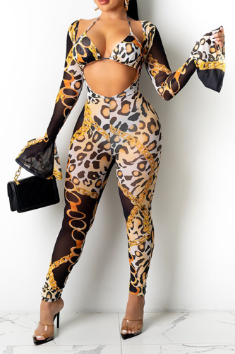 Yellow Sexy Print Patchwork Halter Long Sleeve Two Pieces