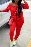 Красные модные повседневные базовые брюки из двух предметов с длинным рукавом и принтом