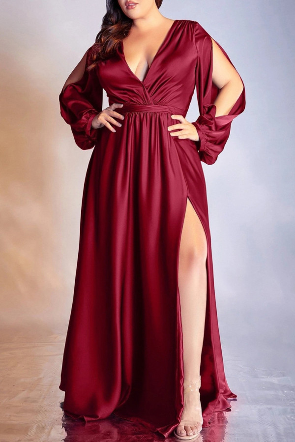 赤いファッションセクシーなソリッドくり抜かれたスリットVネックイブニングドレスプラスサイズのドレス