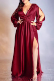 Röd Mode Sexig Solid urholkad Slit V-hals Aftonklänning Plus Size Klänningar