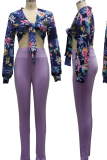Purple Sexy Print Bandage V Neck Long Sleeve Two Pieces