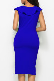 Royal Blue Fashion Sexy Solid Patchwork V Neck One Step Skirt Dresses