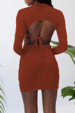 Apricot Sexy Solid Hollowed Out Patchwork Backless Asymmetrical O Neck Pencil Skirt Dresses