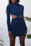 Blue Sexy Solid Hollowed Out Patchwork Backless Asymmetrical O Neck Pencil Skirt Dresses