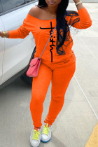 オレンジ ファッション カジュアル プリント ベーシック 長袖 ツーピース