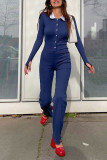 Blue Casual Solid Patchwork Buttons Turndown Collar Regular Jumpsuits