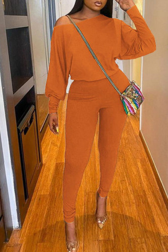 Tangerine Red Casual Solid Patchwork O Neck Long Sleeve Two Pieces