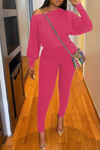Rose Red Casual Solid Patchwork O Neck Long Sleeve Two Pieces