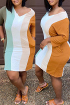 Цветные модные повседневные полосатые базовые платья с V-образным вырезом и длинными рукавами предпродажа