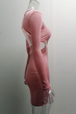 ピンクのセクシーなソリッドくり抜きパッチワーク背中の開いた非対称Oネックペンシルスカートドレス