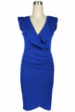 Royal Blue Fashion Sexy Solid Patchwork V Neck One Step Skirt Dresses