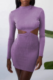 Purple Sexy Solid Hollowed Out Patchwork Backless Asymmetrical O Neck Pencil Skirt Dresses