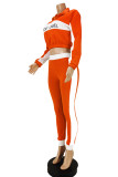 Orange Fashion Casual Patchwork Letter Zipper Collar Long Sleeve Two Pieces