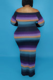 Blue Sexy Print Patchwork V Neck Pencil Skirt Plus Size Dresses