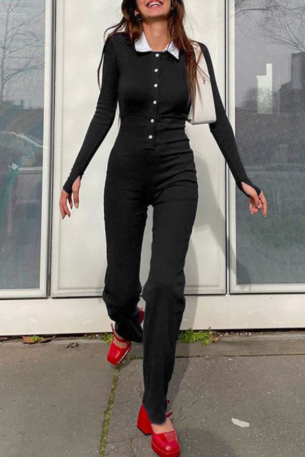 Black Casual Solid Patchwork Buttons Turndown Collar Regular Jumpsuits
