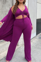Фиолетовый модный повседневный однотонный кардиган, жилеты, брюки, V-образный вырез, длинный рукав, комплект из трех предметов