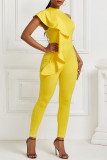 Combinaisons jaunes décontractées à la mode, couleur unie, patchwork, col rond