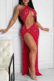 Красное сексуальное горячее буровое платье без рукавов с открытой спиной и разрезом на шее