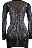 Black Sexy Hot Drilling Patchwork See-through O Neck Long Sleeve Dresses