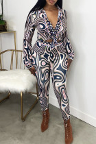 ディープブルー ファッション カジュアル プリント ベーシック ターンダウンカラー 長袖 ツーピース