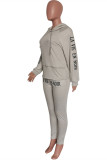 Grey Fashion Casual Letter Print Basic Hooded Collar Long Sleeve Two Pieces