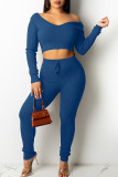 Blue Casual Solid Patchwork V Neck Long Sleeve Two Pieces