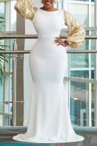 Белое модное сексуальное лоскутное вечернее платье с открытой спиной и круглым вырезом