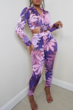 Pink Sexy Print Bandage Turndown Collar Long Sleeve Two Pieces