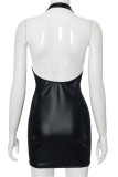 ブラックファッションセクシーなパッチワーク包帯シースルーバックレスホルターノースリーブドレス